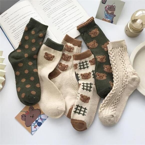 6 Pair Cute Cotton Socks Kawaii Bear Ankle Socks Preppy Ruffle Socks for Women‎ - Picture 2 of 7